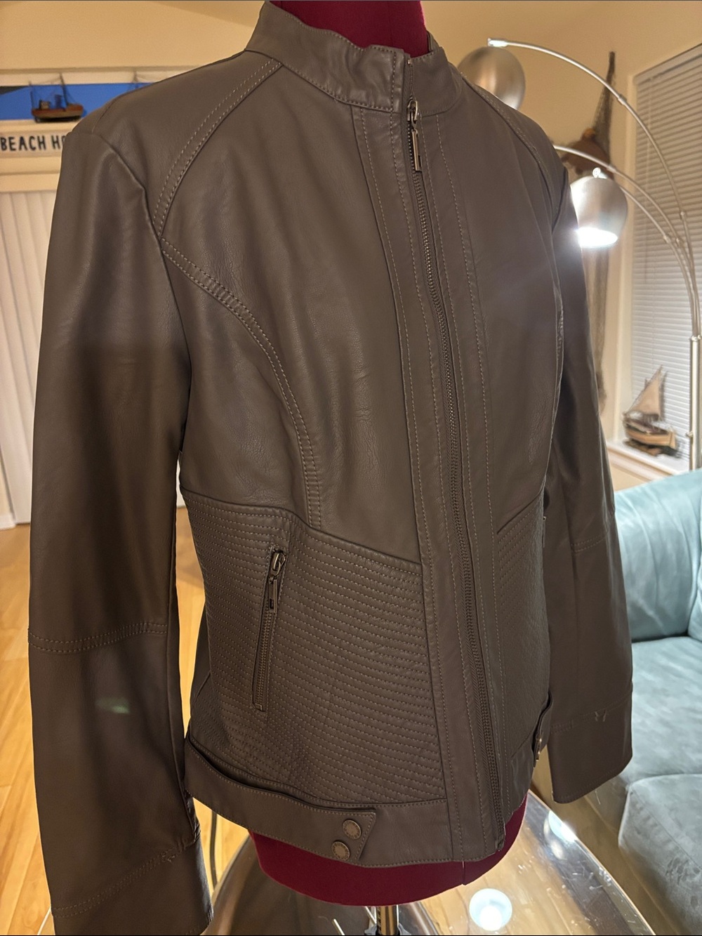 Women's Taupe Leather Moto Jacket with Quilted Panels